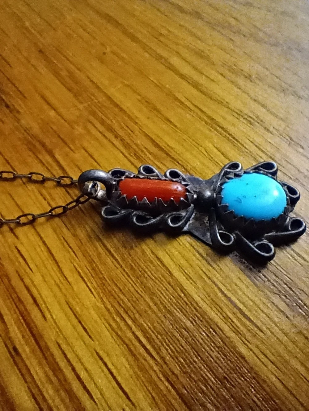Vintage Native American Blue Turquoise & Coral Pendant Necklace – Womens Jewelry